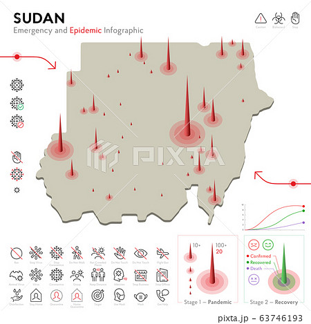Map of Sudan Epidemic and Quarantine Emergency Infographic Template. Editable Line icons for Pandemic Statistics. Vector illustration of Virus, Coronavirus, Epidemiology protection. Isolated Map of Sudan Epidemic and Quarantine Emergency Infographic Template. Editable Line icons for Pandemic Statistics. Vector illustration of Virus, Coronavirus, Epidemiology protection. Isolated 63746193