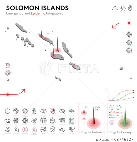 Map of Solomon Islands Epidemic and Quarantine Emergency Infographic Template. Editable Line icons for Pandemic Statistics. Vector illustration of Virus, Coronavirus, Epidemiology protection. Isolated Map of Solomon Islands Epidemic and Quarantine Emergency Infographic Template. Editable Line icons for Pandemic Statistics. Vector illustration of Virus, Coronavirus, Epidemiology protection. Isolated 63746227