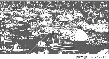 Illustration of crowded summer beach in black and white relief print style 63747713