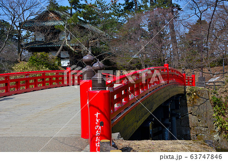 弘前公園・弘前城・青森・中濠を渡る、綺麗な赤色の、杉の大橋（１） 63747846