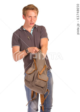 Young shocked student opening his backpack. Young shocked student opening his backpack. 63748650