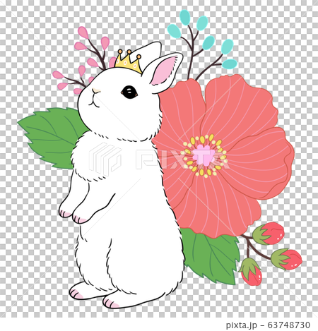 一隻白色兔子站立著 背景有花與葉子 插圖素材 圖庫
