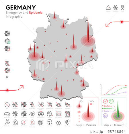 Map of Germany Epidemic and Quarantine Emergency Infographic Template. Editable Line icons for Pandemic Statistics. Vector illustration of Virus, Coronavirus, Epidemiology protection. Isolated Map of Germany Epidemic and Quarantine Emergency Infographic Template. Editable Line icons for Pandemic Statistics. Vector illustration of Virus, Coronavirus, Epidemiology protection. Isolated 63748844