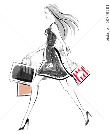 ショッピングを楽しむ女性 ブラックのイラスト素材