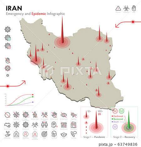 Map of Iran Epidemic and Quarantine Emergency Infographic Template. Editable Line icons for Pandemic Statistics. Vector illustration of Virus, Coronavirus, Epidemiology protection. Isolated 63749836