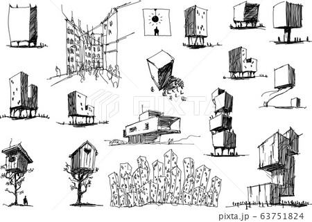 many hand drawn architectectural sketches of a modern abstract architecture and tree houses and urban ideas or towns many hand drawn architectectural sketches of a modern abstract architecture and tree houses and urban ideas or towns 63751824