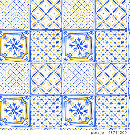 Watercolor blue ornament square seamless pattern Watercolor blue ornament square seamless pattern 63754209
