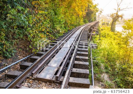 The Death Railway crossing kwai river in Kanchanaburi Thailand. Important landmark and destination to visiting and world war II history builted 63756423