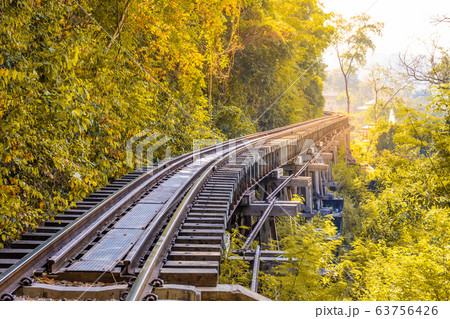 The Death Railway crossing kwai river in Kanchanaburi Thailand. Important landmark and destination to visiting and world war II history builted 63756426
