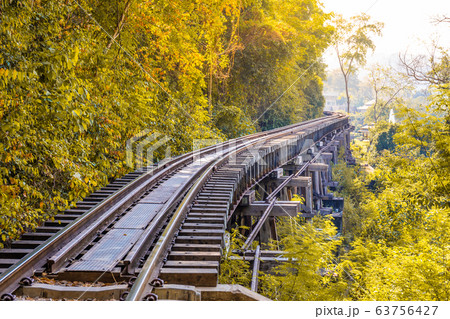 The Death Railway crossing kwai river in Kanchanaburi Thailand. Important landmark and destination to visiting and world war II history builted 63756427