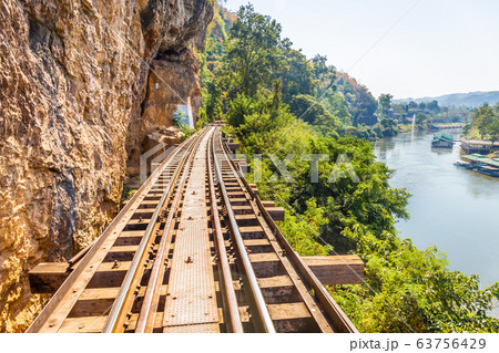 The Death Railway crossing kwai river in Kanchanaburi Thailand. Important landmark and destination to visiting and world war II history builted 63756429