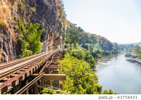 The Death Railway crossing kwai river in Kanchanaburi Thailand. Important landmark and destination to visiting and world war II history builted 63756431