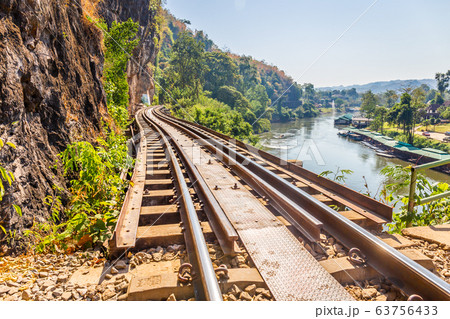 The Death Railway crossing kwai river in Kanchanaburi Thailand. Important landmark and destination to visiting and world war II history builted 63756433