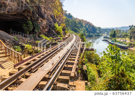 The Death Railway crossing kwai river in Kanchanaburi Thailand. Important landmark and destination to visiting and world war II history builted 63756437