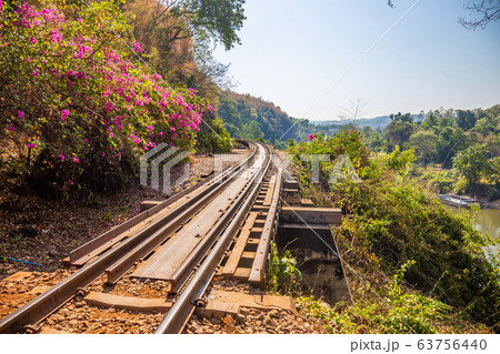 The Death Railway crossing kwai river in Kanchanaburi Thailand. Important landmark and destination to visiting and world war II history builted 63756440