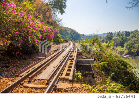 The Death Railway crossing kwai river in Kanchanaburi Thailand. Important landmark and destination to visiting and world war II history builted 63756441
