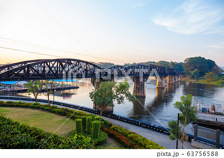 Landscape of Bridge River Kwai at Kanchanaburi, Thailand in morning time. Is a famous place and a tourist destination Landscape of Bridge River Kwai at Kanchanaburi, Thailand in morning time. Is a famous place and a tourist destination 63756588