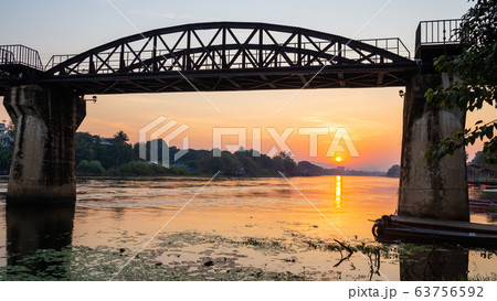Landscape of Bridge River Kwai at Kanchanaburi, Thailand in sunset time. Is a famous place and a tourist destination 63756592