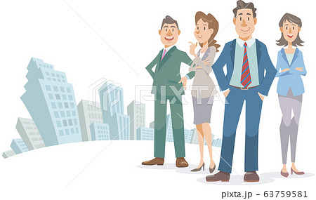 ビル街に立つ男性リーダーとビジネスマンたちのイラスト素材