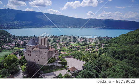 Annecy city, lake and castle from above, in southeastern France 63759622