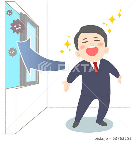 換気したオフィスで深呼吸するサラリーマン 63762252