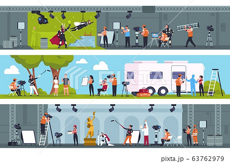 Film making. Movie production studio with film cast shooting scene on green screen, in pavilion and on location. Vector cartoon set 63762979