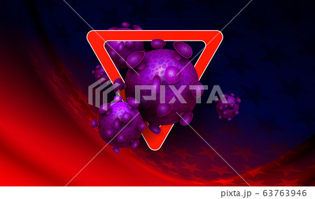 Red and blue design with stars with prohibiting red sign, abstract silhouette of coronavirus elements. Sign of coronavirus COVID-2019. 63763946