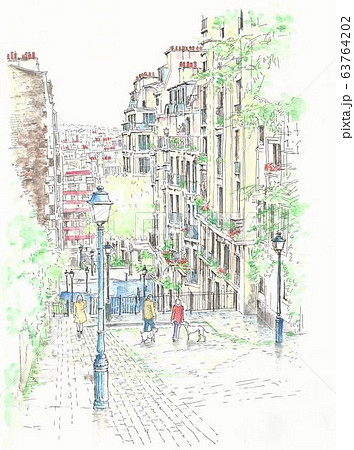 ヨーロッパの街並み フランス パリ モンマルトルの路地のイラスト素材