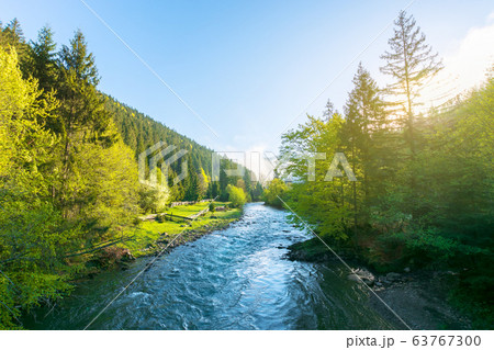 mountain river on a misty sunrise. fantastic 63767300