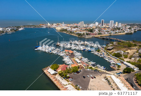 Aerial Beautiful view of the old city from the Marina in Cartagena Bay. Caribbean Sea View. 63771117