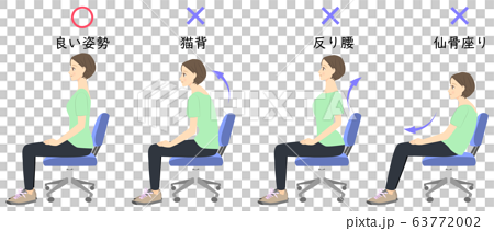 正しい姿勢で椅子に座る女性 比較イラスト 01のイラスト素材 63772002