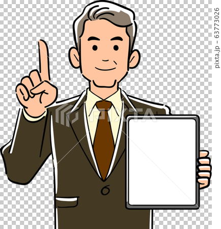 一个穿着西装的经理人拿着一台平板电脑黑屏,用他的食指解释