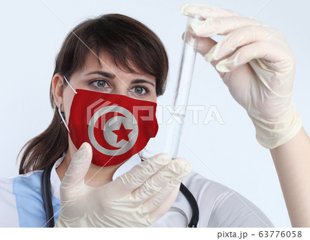 Scientist woman and mask with Tunisia flag. 63776058