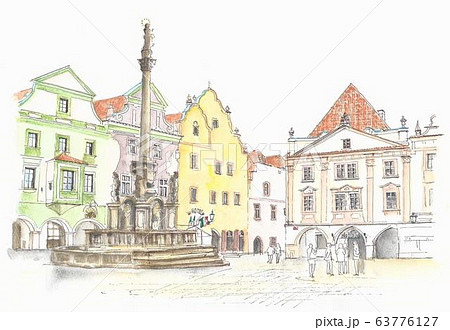 世界遺産の街並み チェコ プラハの広場のイラスト素材