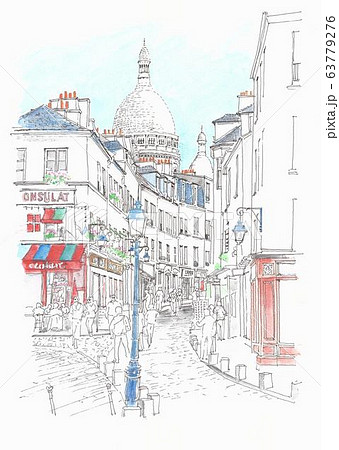 ヨーロッパの街並み フランス モンマルトルの路地のイラスト素材