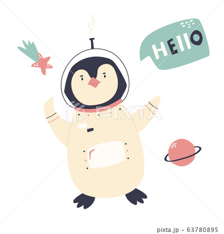 Smiling penguin in an astronaut costume and helmet 63780895