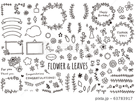 花や葉っぱの手描きイラストセットのイラスト素材