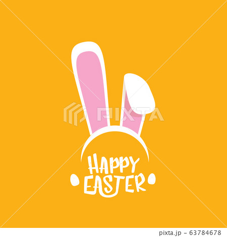 Vector happy easter greeting card with white easter bunny funky mask with rabbit ears and easter text isolated on orange background. 63784678
