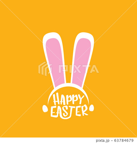 Vector happy easter greeting card with white easter bunny funky mask with rabbit ears and easter text isolated on orange background. 63784679