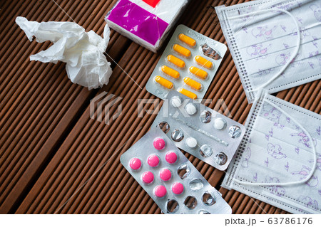 Coronavirus. Unused medical masks and medications Coronavirus. Unused medical masks and medications 63786176