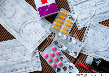 Coronavirus. Unused medical masks and medications Coronavirus. Unused medical masks and medications 63786178