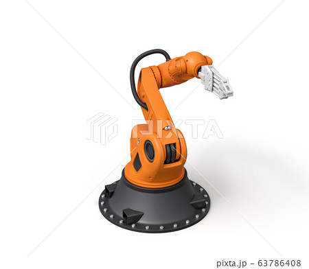 3d rendering of orange robotic arm with grey gripper standing on white background. 3d rendering of orange robotic arm with grey gripper standing on white background. 63786408
