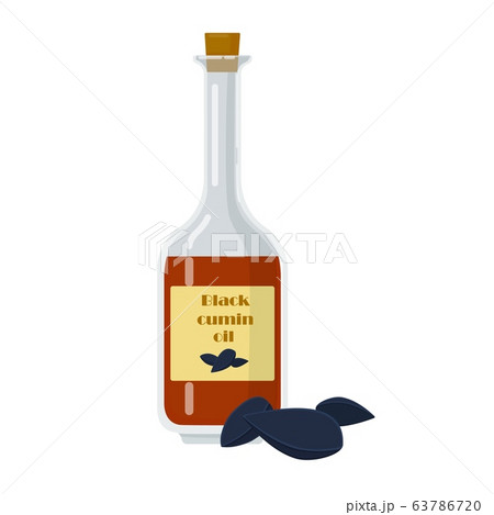 Black cumin essential oil bottle with seeds. 63786720