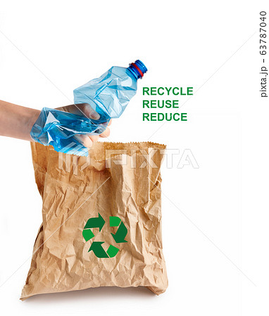 Waste recovery. Person holding plastic bottle and paper bag with recycling symbol on white background, collage Waste recovery. Person holding plastic bottle and paper bag with recycling symbol on white background, collage 63787040