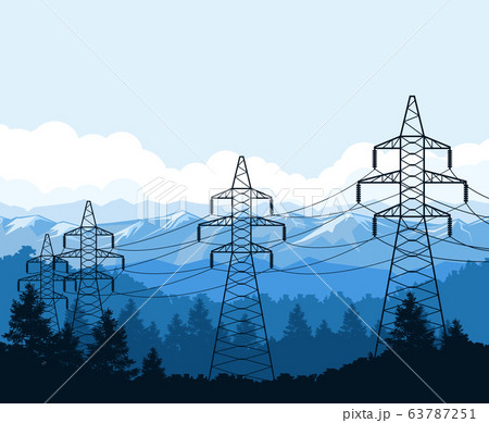 Tangent towers in mountains, high voltage power 63787251