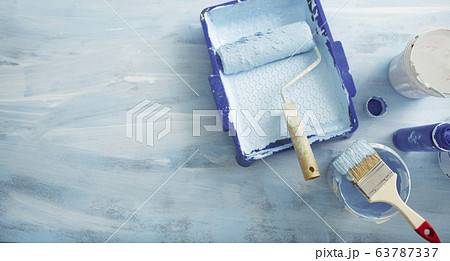 Interior renewal. Tray, roller and brush for painting Interior renewal. Tray, roller and brush for painting 63787337