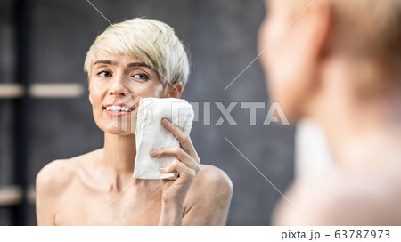 Lady Drying Face Using Towel In Bathroom At Home, Panorama Lady Drying Face Using Towel In Bathroom At Home, Panorama 63787973