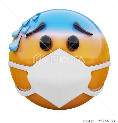 3D render of yellow emoji  face  with cold sweat and medical mask protecting from coronavirus 2019-nCoV, MERS-nCoV, sars, bird flu and other viruses, germs and bacteria and contagious disease. 63788133