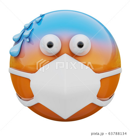 3D render of yellow emoji  face  with cold sweat and medical mask protecting from coronavirus 2019-nCoV, MERS-nCoV, sars, bird flu and other viruses, germs and bacteria and contagious disease. 63788134