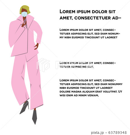 Girl in pink suit and pink protective mask. News 63789348